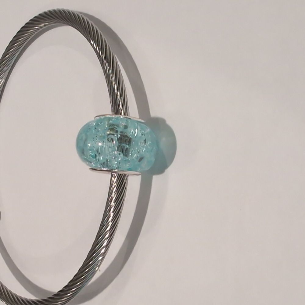 Silver Blue "Crushed‎ Glass" Charm for Pandora Style Bracelet